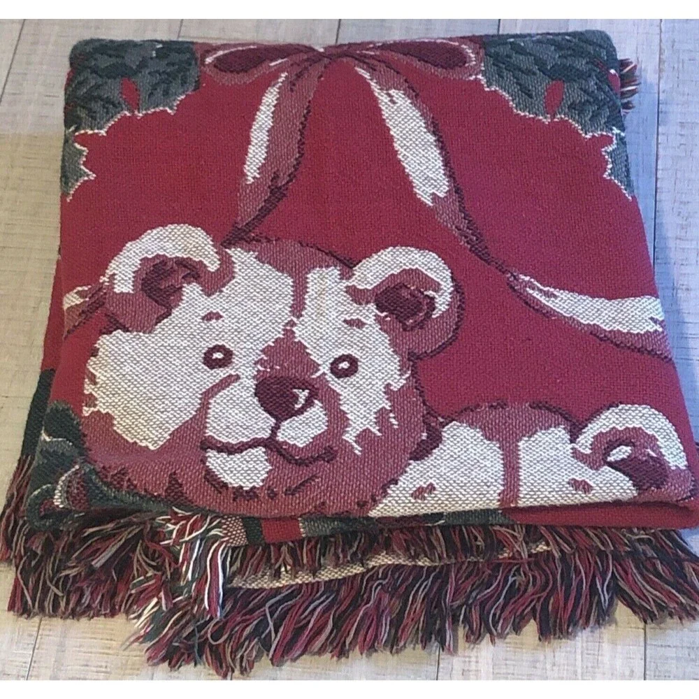 Fieldcrest Christmas Bears Woven Tapestry Throw Blanket VTG Holiday Grandma-core